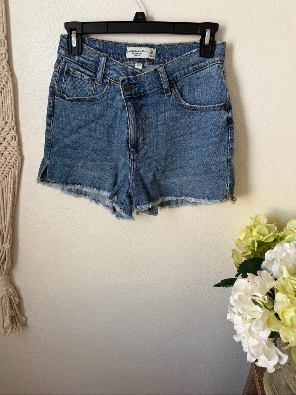 Abercrombie & Fitch Medium Criss Cross Blue High-Rise Frayed Hem Denim Shorts